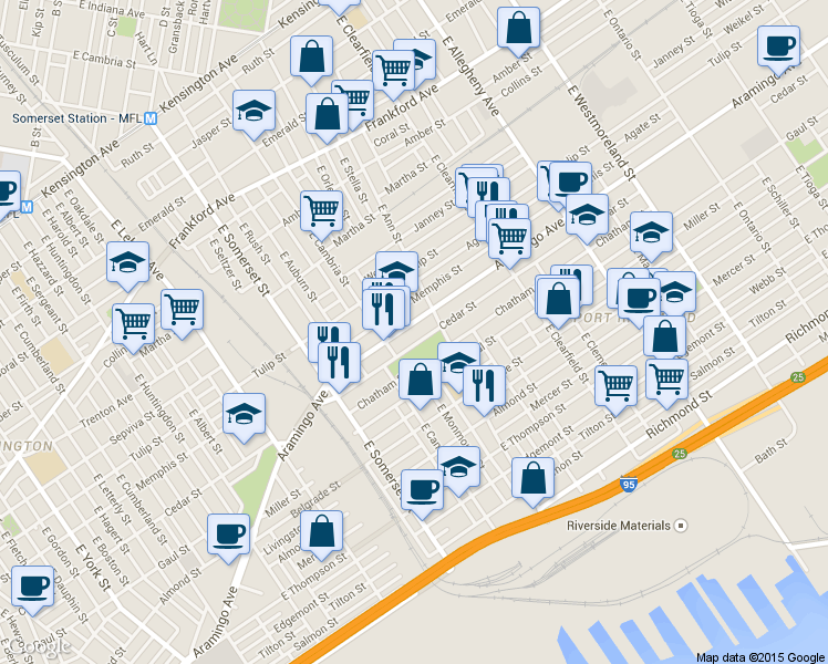 map of restaurants, bars, coffee shops, grocery stores, and more near 2942 Aramingo Avenue in Philadelphia