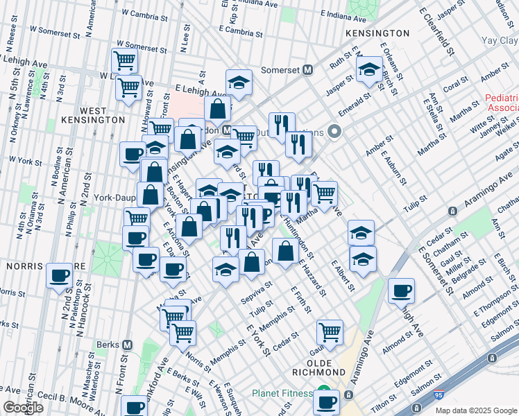 map of restaurants, bars, coffee shops, grocery stores, and more near 2033 East Sergeant Street in Philadelphia
