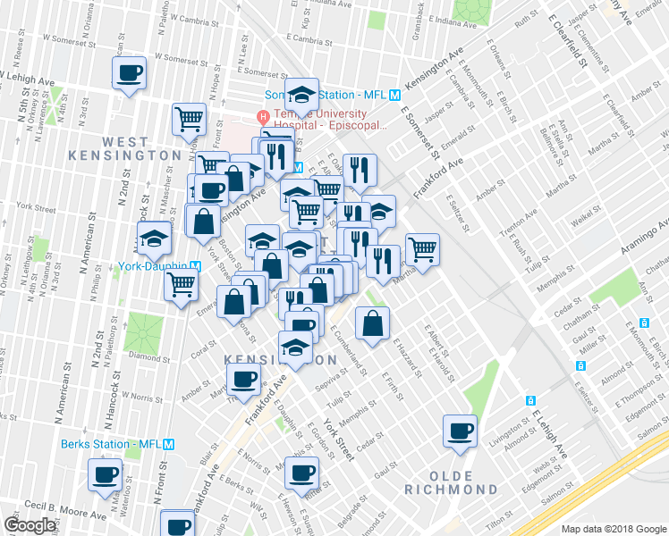map of restaurants, bars, coffee shops, grocery stores, and more near 2033 East Sergeant Street in Philadelphia