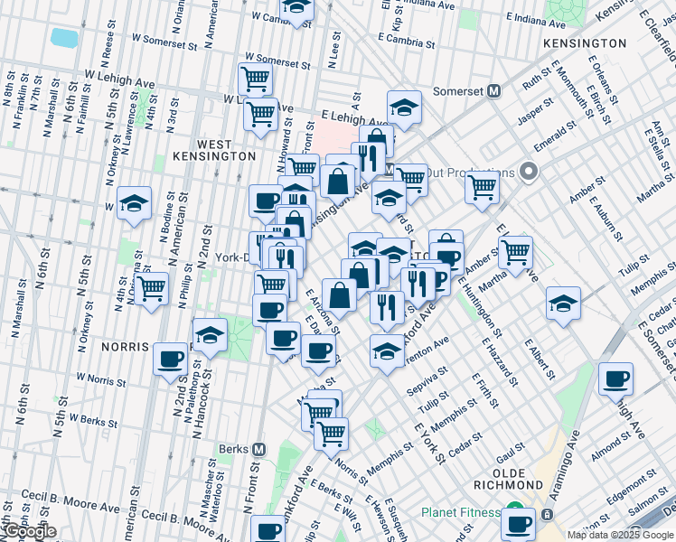 map of restaurants, bars, coffee shops, grocery stores, and more near 2444 Emerald Street in Philadelphia