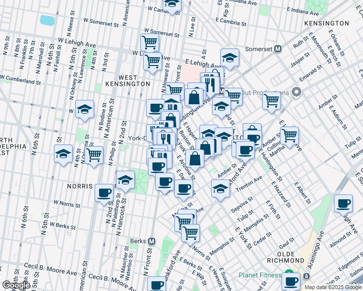 map of restaurants, bars, coffee shops, grocery stores, and more near 2421 Jasper Street in Philadelphia