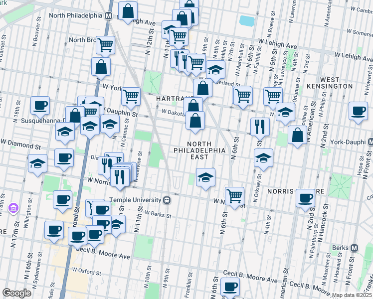 map of restaurants, bars, coffee shops, grocery stores, and more near 2209 North Delhi Street in Philadelphia