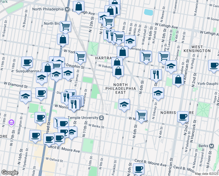 map of restaurants, bars, coffee shops, grocery stores, and more near 2209 North Delhi Street in Philadelphia
