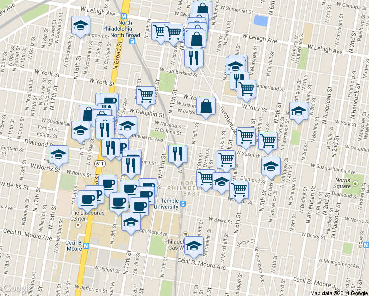 map of restaurants, bars, coffee shops, grocery stores, and more near 1040 West Susquehanna Avenue in Philadelphia
