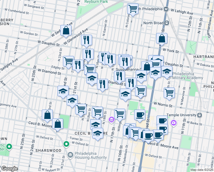 map of restaurants, bars, coffee shops, grocery stores, and more near in Philadelphia