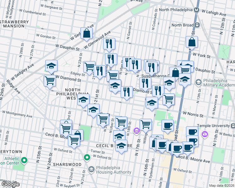 map of restaurants, bars, coffee shops, grocery stores, and more near in Philadelphia
