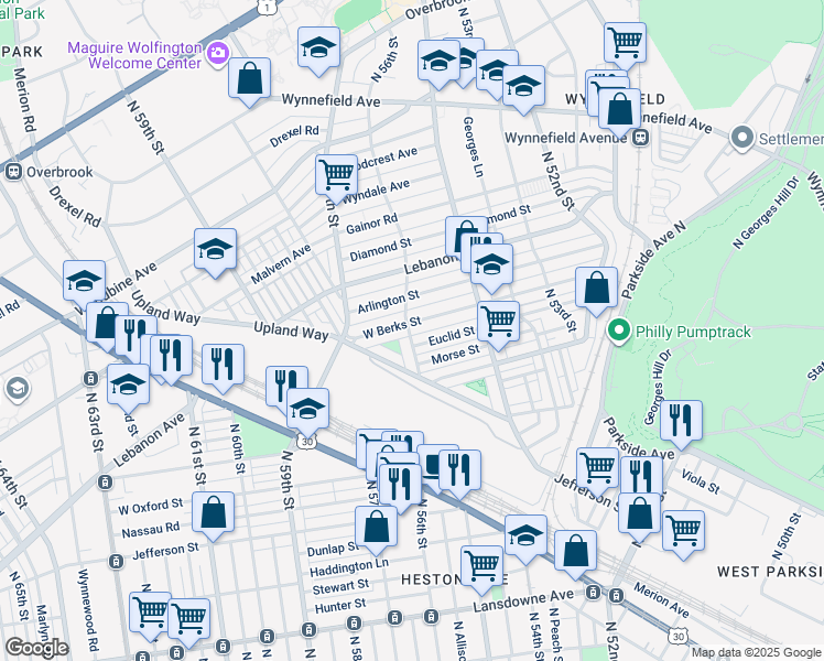 map of restaurants, bars, coffee shops, grocery stores, and more near 5469 West Berks Street in Philadelphia