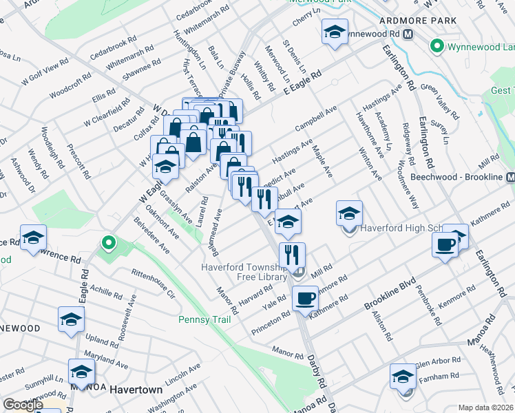 map of restaurants, bars, coffee shops, grocery stores, and more near 2025 Darby Road in Havertown