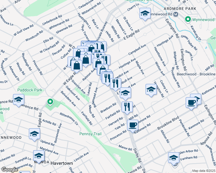 map of restaurants, bars, coffee shops, grocery stores, and more near 2025 Darby Road in Havertown