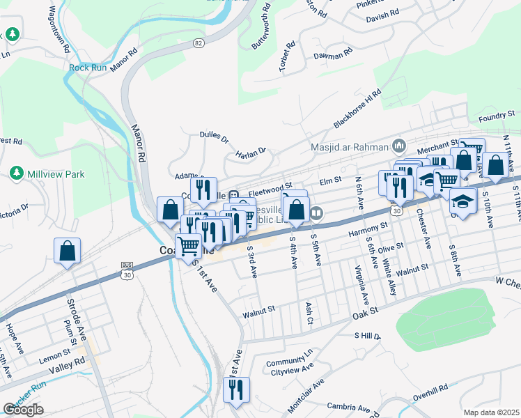map of restaurants, bars, coffee shops, grocery stores, and more near 339 Lumber Street in Coatesville