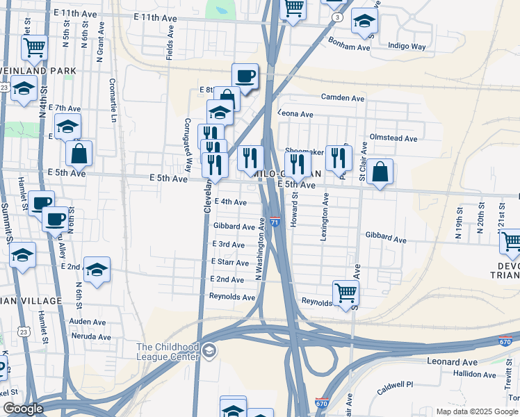 map of restaurants, bars, coffee shops, grocery stores, and more near 696 East 4th Avenue in Columbus