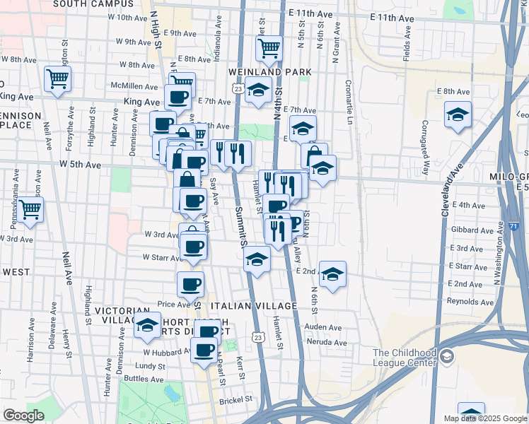 map of restaurants, bars, coffee shops, grocery stores, and more near 1101n North 4th Street in Columbus