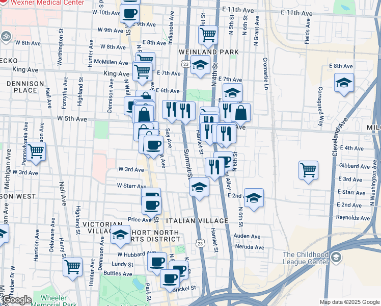 map of restaurants, bars, coffee shops, grocery stores, and more near 1108 Beacon Alley in Columbus