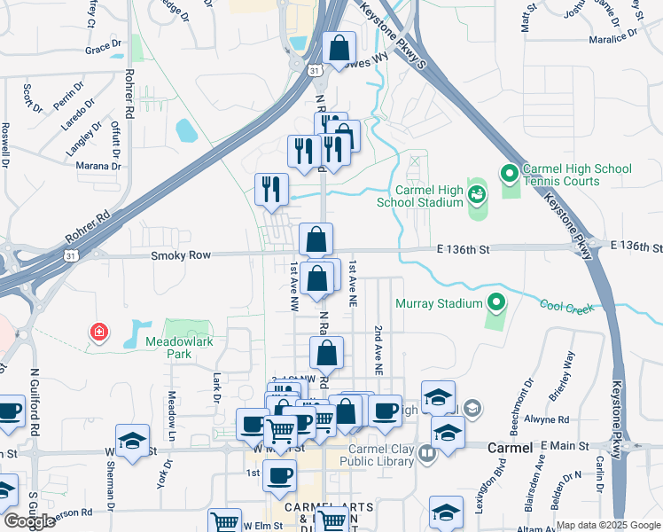 map of restaurants, bars, coffee shops, grocery stores, and more near 761 North Rangeline Road in Carmel
