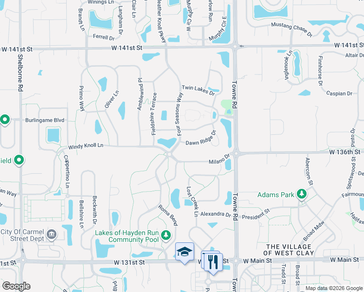 map of restaurants, bars, coffee shops, grocery stores, and more near 2681 Heathermoor Park Drive South in Westfield