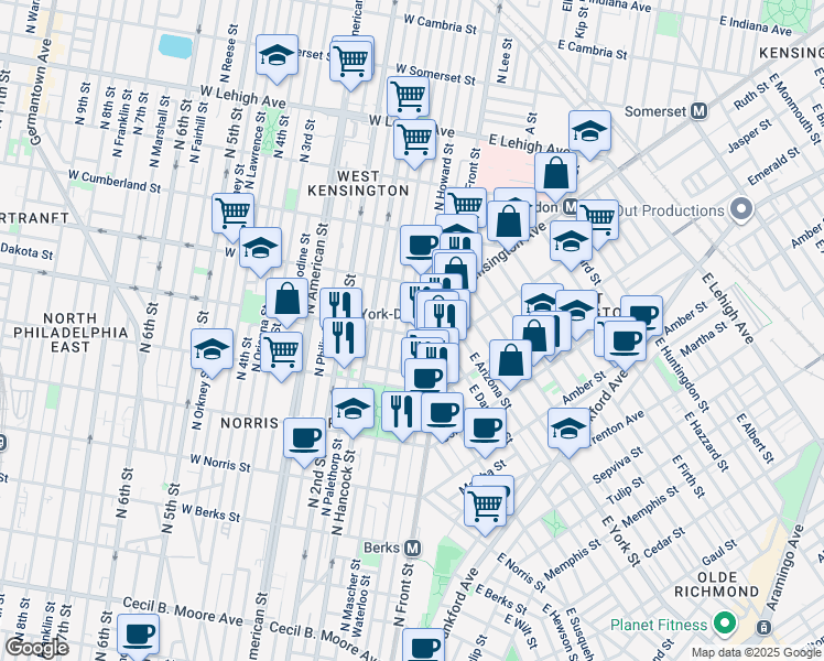 map of restaurants, bars, coffee shops, grocery stores, and more near 127 West Dauphin Street in Philadelphia