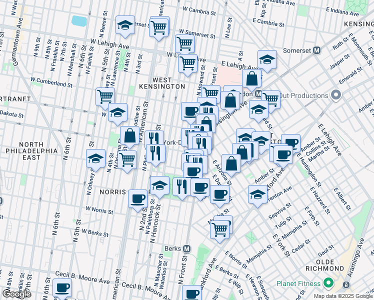 map of restaurants, bars, coffee shops, grocery stores, and more near 127 West Dauphin Street in Philadelphia