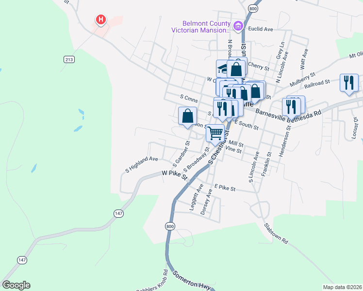 map of restaurants, bars, coffee shops, grocery stores, and more near 307 South Gardner Street in Barnesville