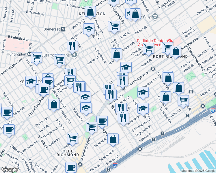map of restaurants, bars, coffee shops, grocery stores, and more near 2842 Tulip Street in Philadelphia