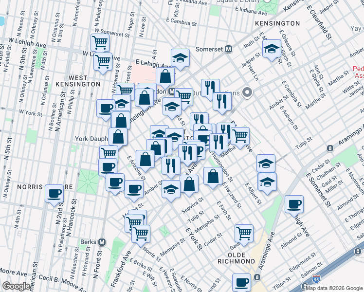 map of restaurants, bars, coffee shops, grocery stores, and more near 2033 East Sergeant Street in Philadelphia