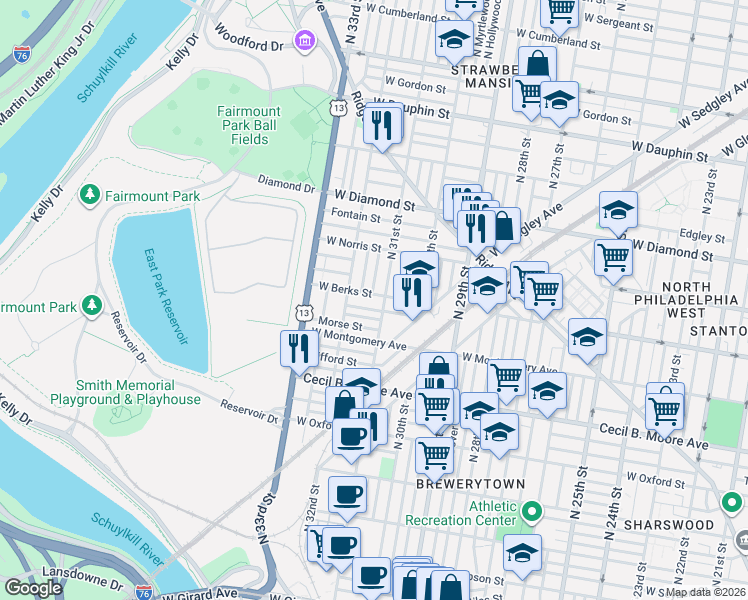 map of restaurants, bars, coffee shops, grocery stores, and more near in Philadelphia