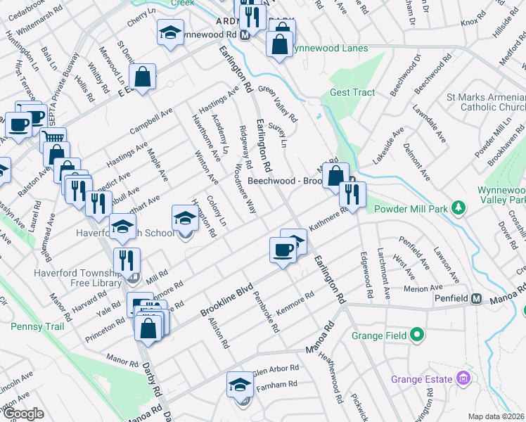 map of restaurants, bars, coffee shops, grocery stores, and more near 1606 Ridgeway Road in Havertown
