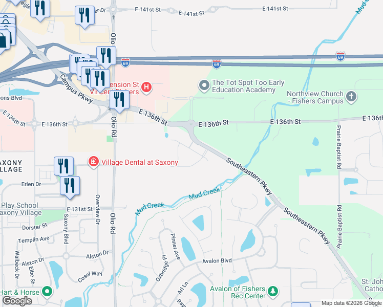 map of restaurants, bars, coffee shops, grocery stores, and more near 14270 Bay Willow Drive in Fishers