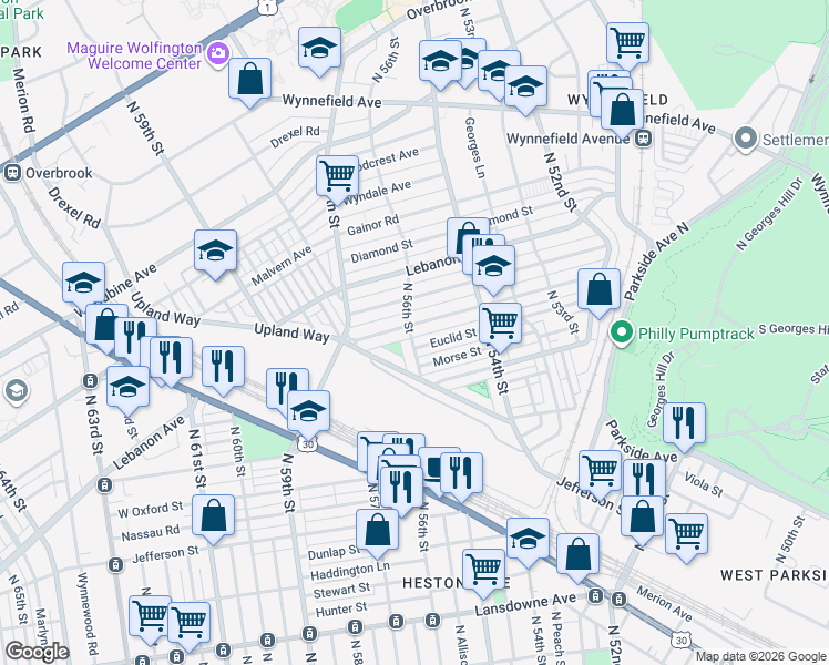 map of restaurants, bars, coffee shops, grocery stores, and more near 5469 West Berks Street in Philadelphia