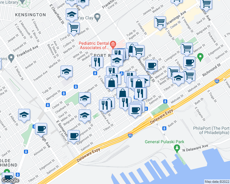 map of restaurants, bars, coffee shops, grocery stores, and more near 3117 Belgrade Street in Philadelphia