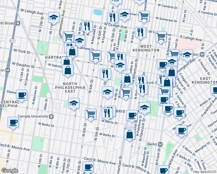 map of restaurants, bars, coffee shops, grocery stores, and more near 2231 North Orkney Street in Philadelphia