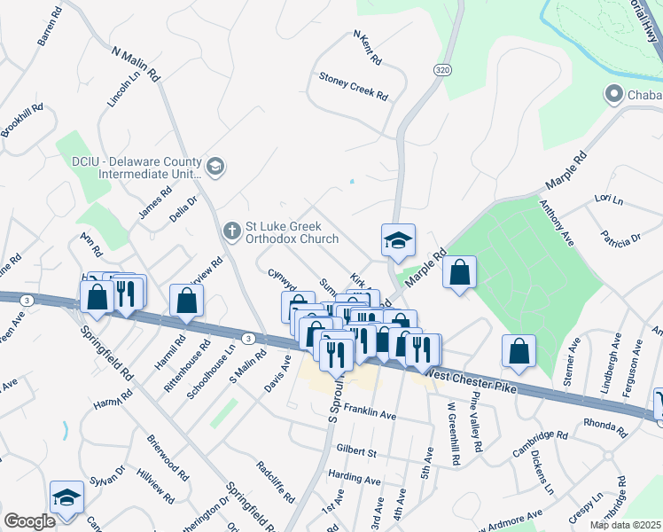 map of restaurants, bars, coffee shops, grocery stores, and more near 2632 Kirk Avenue in Broomall