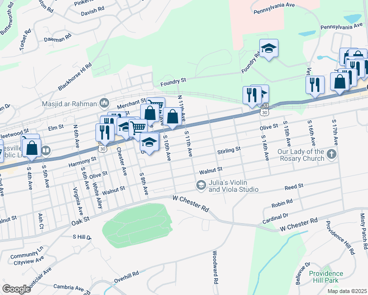 map of restaurants, bars, coffee shops, grocery stores, and more near 1032 Olive Street in Coatesville