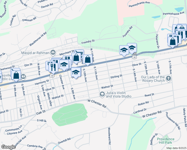 map of restaurants, bars, coffee shops, grocery stores, and more near 1032 Olive Street in Coatesville
