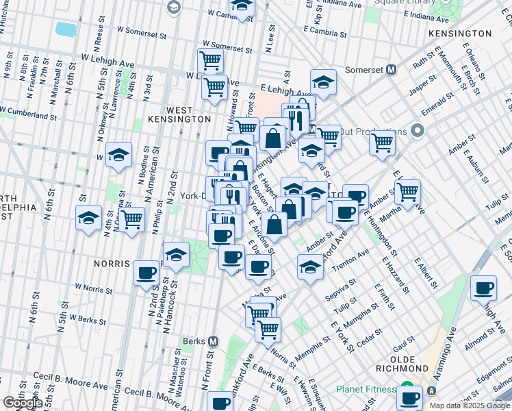 map of restaurants, bars, coffee shops, grocery stores, and more near 1901 East York Street in Philadelphia