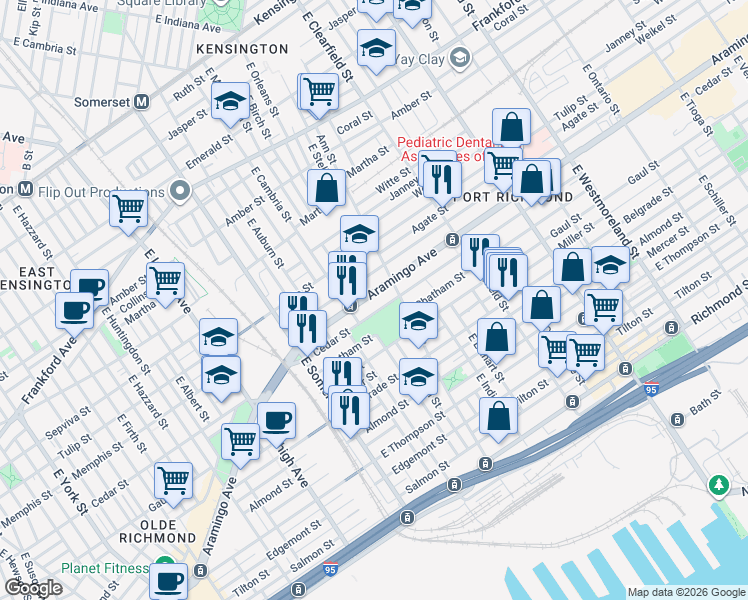 map of restaurants, bars, coffee shops, grocery stores, and more near 2942 Aramingo Avenue in Philadelphia