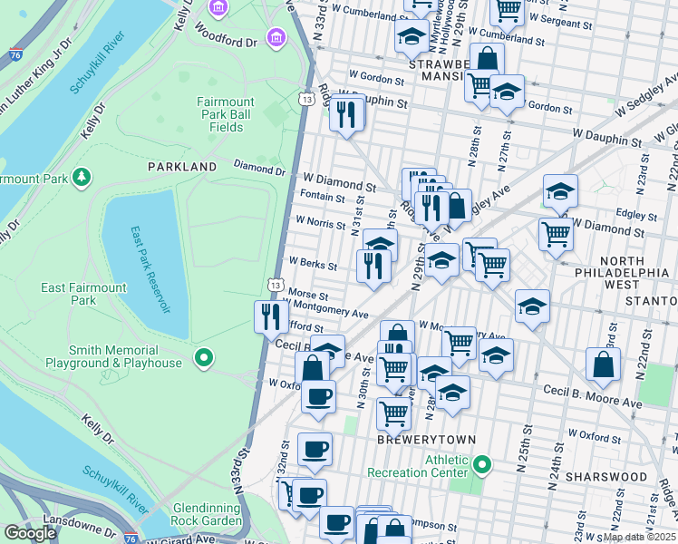 map of restaurants, bars, coffee shops, grocery stores, and more near 3112 West Berks Street in Philadelphia