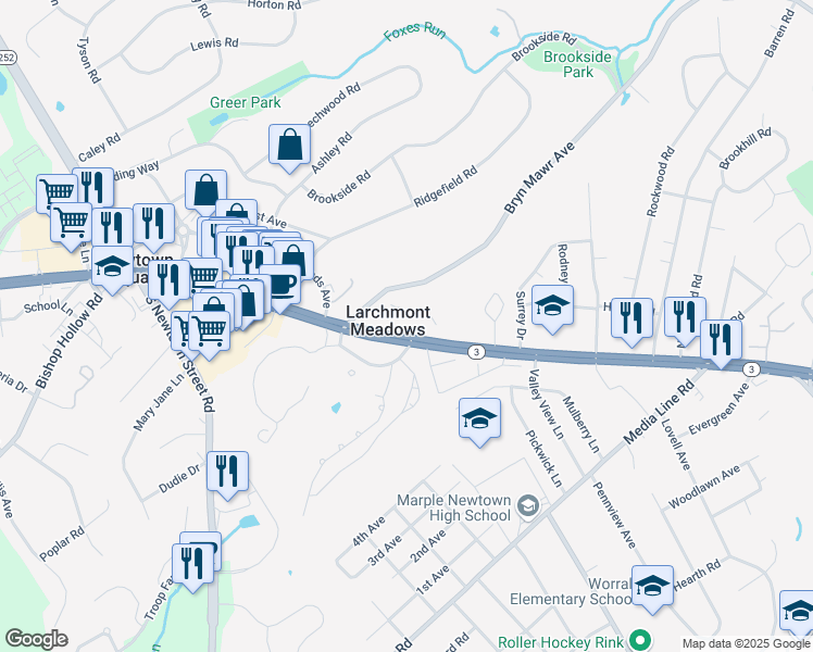 map of restaurants, bars, coffee shops, grocery stores, and more near 3421 West Chester Pike in Newtown Square