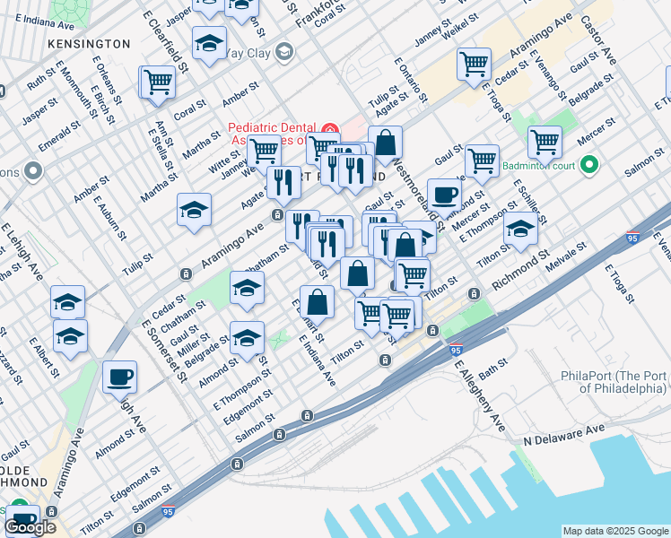 map of restaurants, bars, coffee shops, grocery stores, and more near 3117 Belgrade Street in Philadelphia