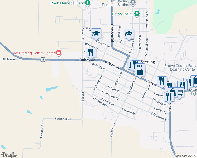 map of restaurants, bars, coffee shops, grocery stores, and more near 303 Railroad Avenue in Mount Sterling