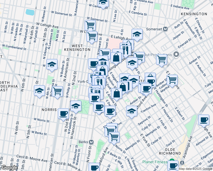 map of restaurants, bars, coffee shops, grocery stores, and more near 1900 East York Street in Philadelphia