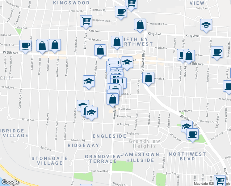 map of restaurants, bars, coffee shops, grocery stores, and more near Grandview Avenue & West 3rd Avenue in Columbus