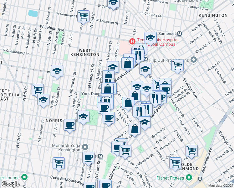 map of restaurants, bars, coffee shops, grocery stores, and more near 1900 East York Street in Philadelphia