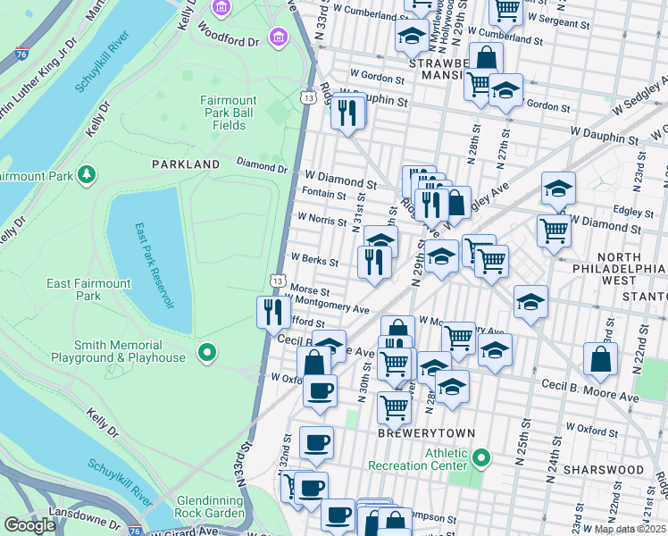 map of restaurants, bars, coffee shops, grocery stores, and more near 3122 West Berks Street in Philadelphia