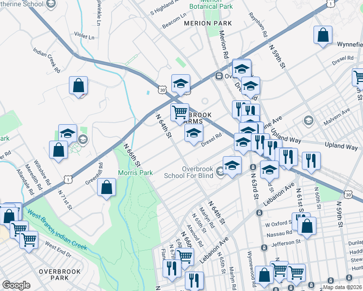 map of restaurants, bars, coffee shops, grocery stores, and more near 6379 Sherwood Road in Philadelphia
