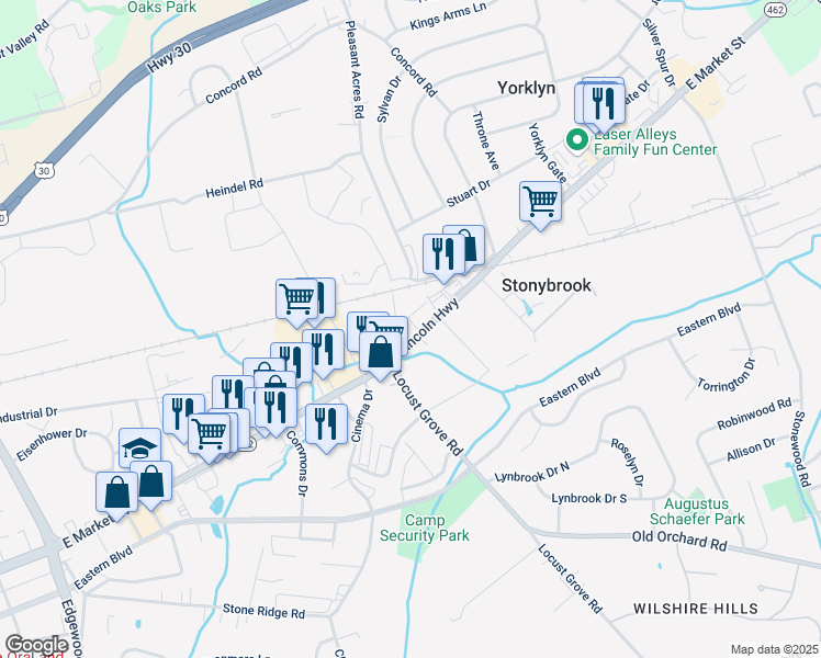 map of restaurants, bars, coffee shops, grocery stores, and more near 3717 East Market Street in York