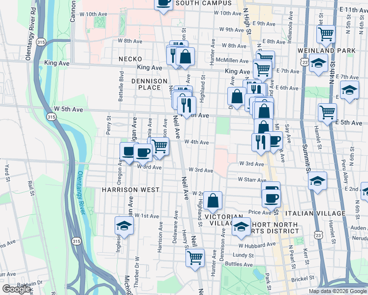 map of restaurants, bars, coffee shops, grocery stores, and more near 1175 Neil Avenue in Columbus