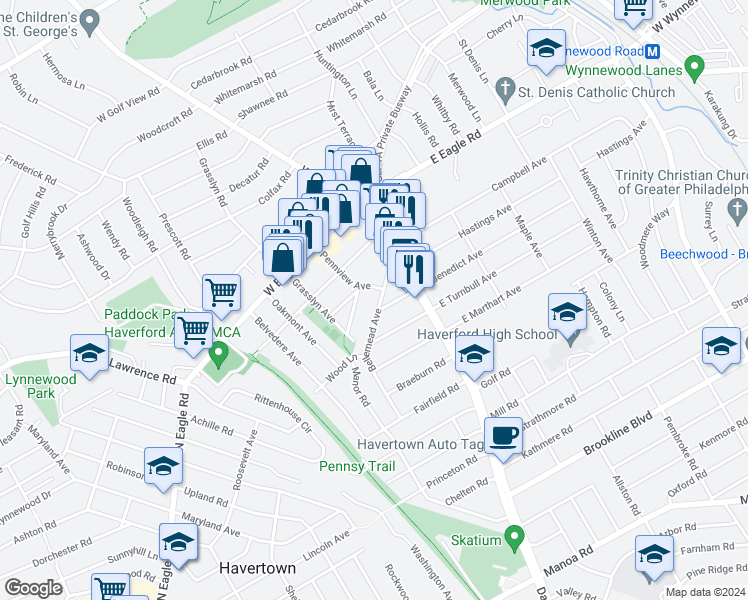 map of restaurants, bars, coffee shops, grocery stores, and more near 2056 Bellemead Avenue in Havertown