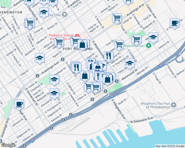 map of restaurants, bars, coffee shops, grocery stores, and more near 2603 East Allegheny Avenue in Philadelphia