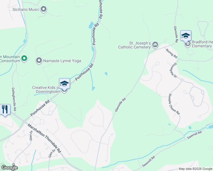 map of restaurants, bars, coffee shops, grocery stores, and more near 1165 Glenside Road in Downingtown