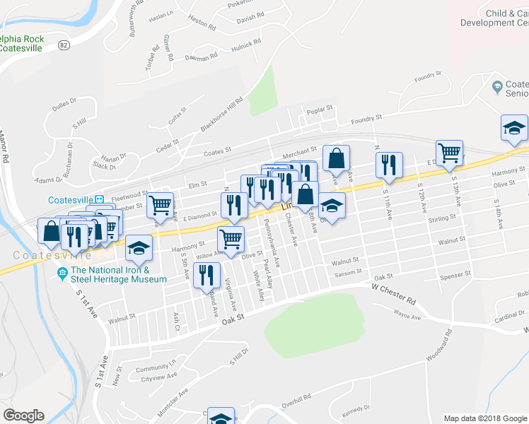 map of restaurants, bars, coffee shops, grocery stores, and more near 0 Pennsylvania Avenue in Coatesville